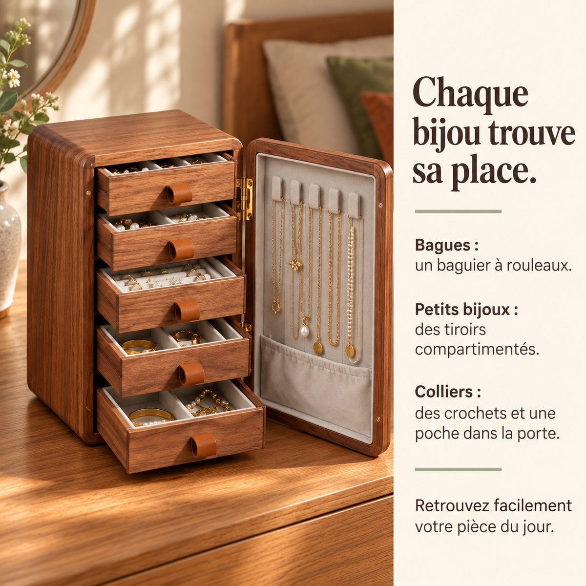 Boîte à bijoux en noyer et cerisier – Modèle Contraste