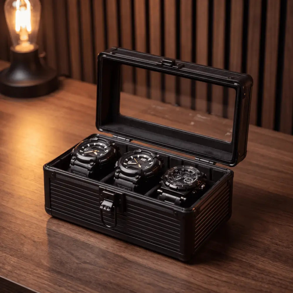 Boîte à montres — Elite 3 — Maison Kidora · Vue du modèle et de ses compartiments