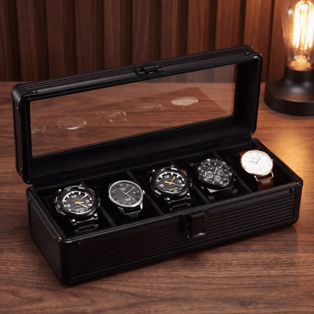 Boîte à montres — Elite 5 — Maison Kidora · Vue du modèle et de ses compartiments