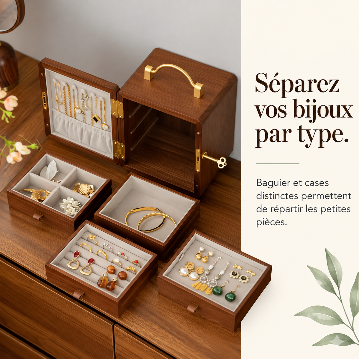 Grande boîte à bijoux en bois – Motif feuilles dorées