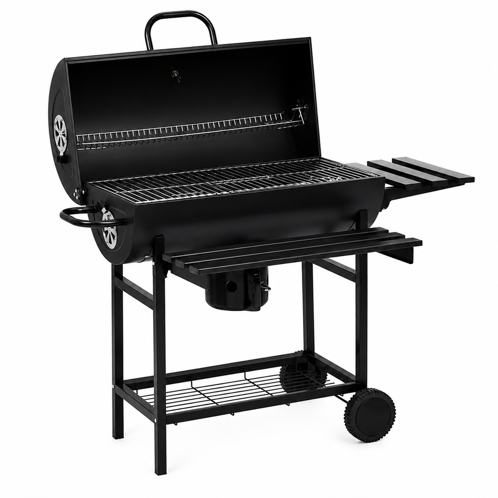 Barbecue à Charbon sur Roulettes — Grill Fumoir Acier Noir 115x85cm avec Étagères
