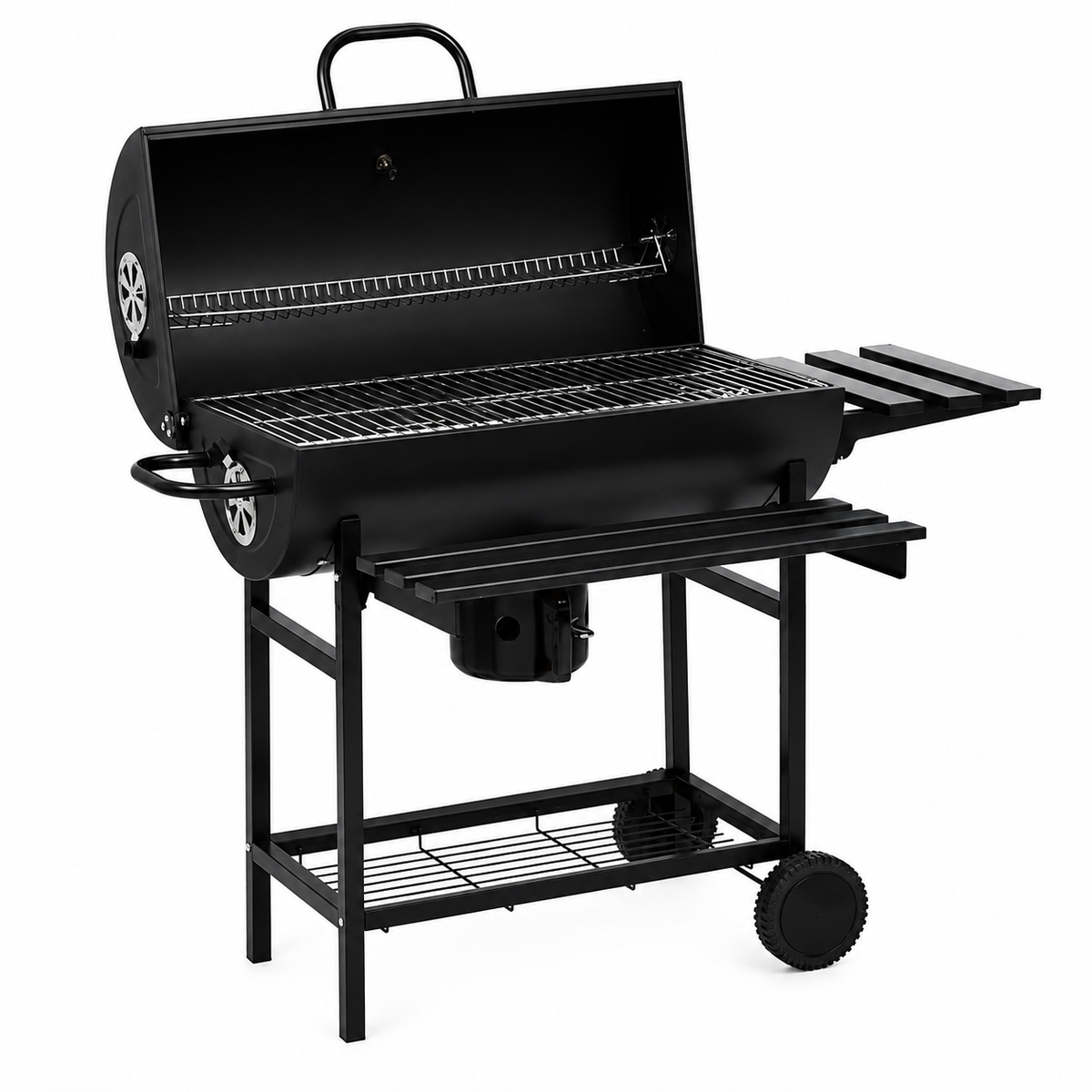 Barbecue à Charbon sur Roulettes — Grill Fumoir Acier Noir 115x85cm avec Étagères