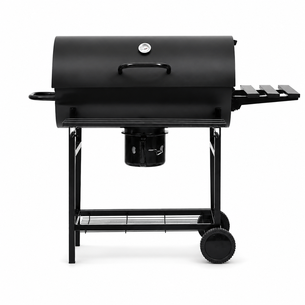 Barbecue à Charbon sur Roulettes — Grill Fumoir Acier Noir 115x85cm avec Étagères