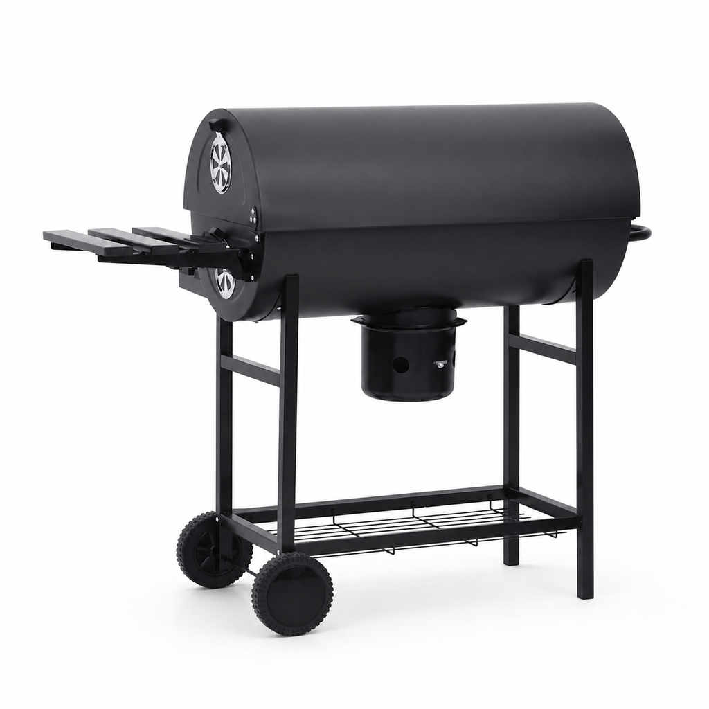 Barbecue à Charbon sur Roulettes — Grill Fumoir Acier Noir 115x85cm avec Étagères