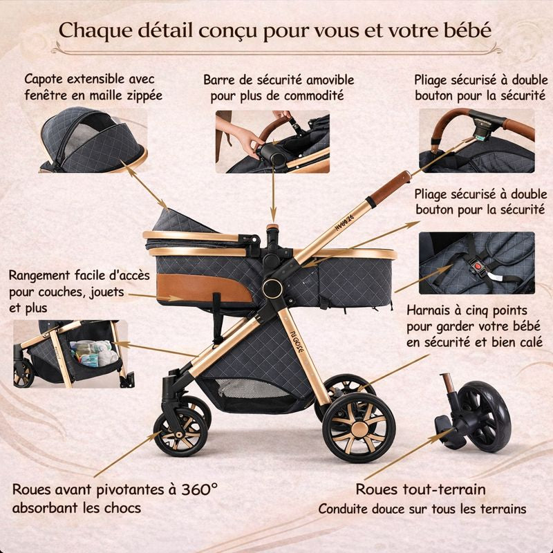 Poussette Bébé  trioflex 3 en 1  — Système de Voyage Complet avec Siège Auto et Landau