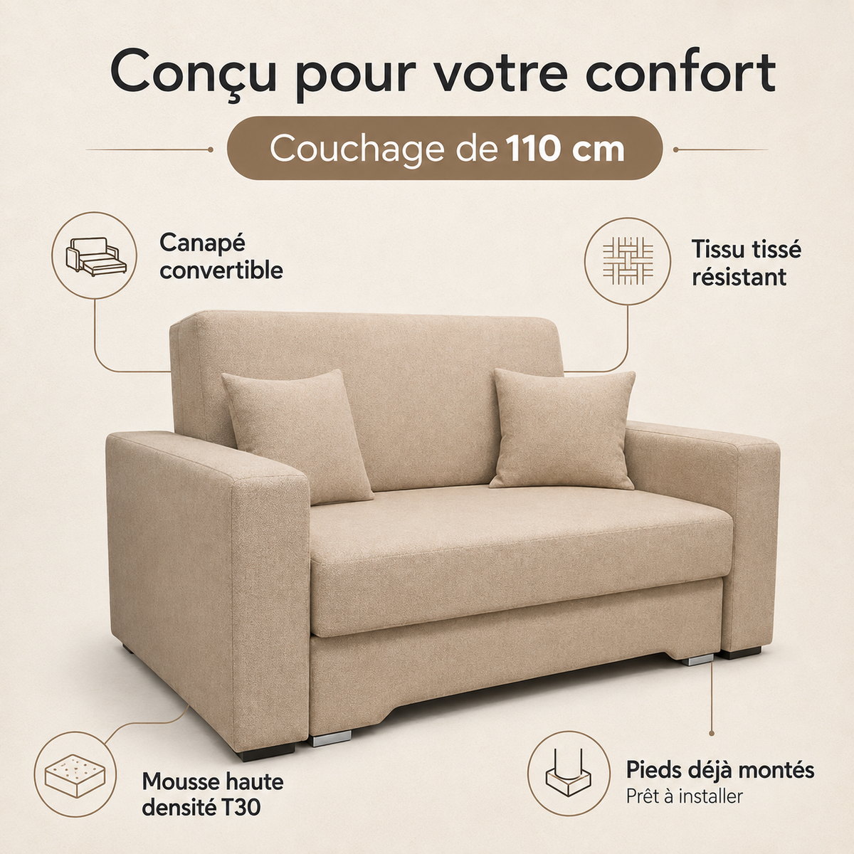 ELVÉRA — Canapé-lit 2 places compact