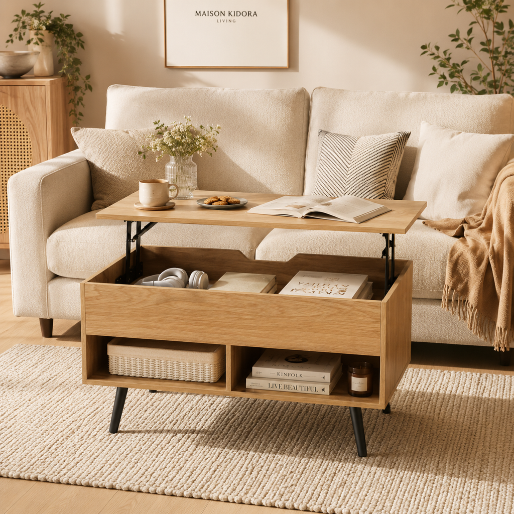 Table basse relevable avec rangement en bois – Collection Léa