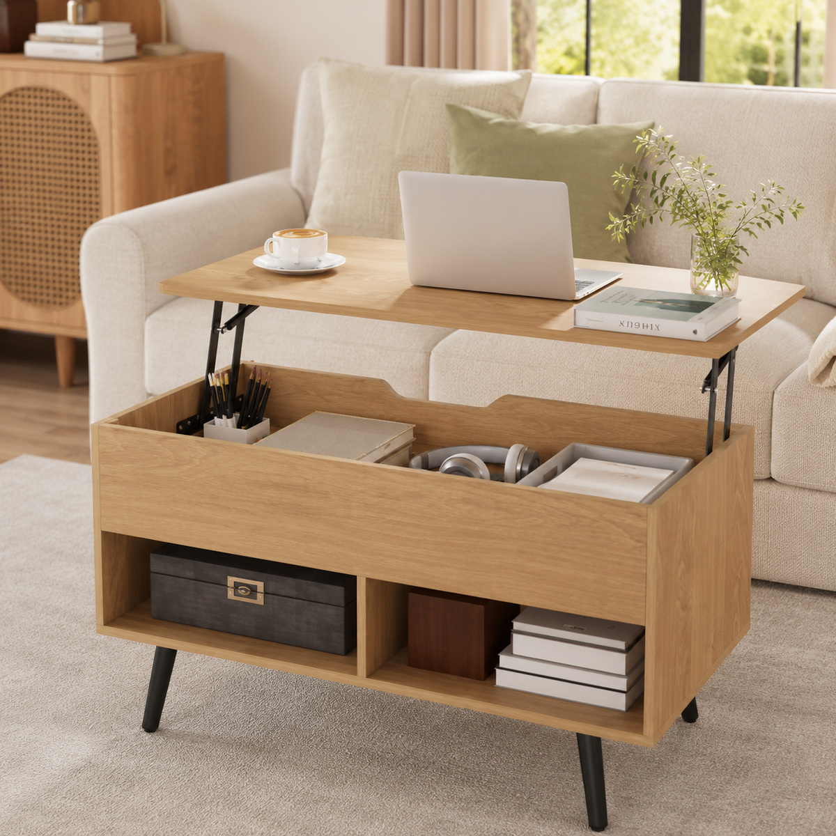 Table basse relevable avec rangement en bois – Collection Léa