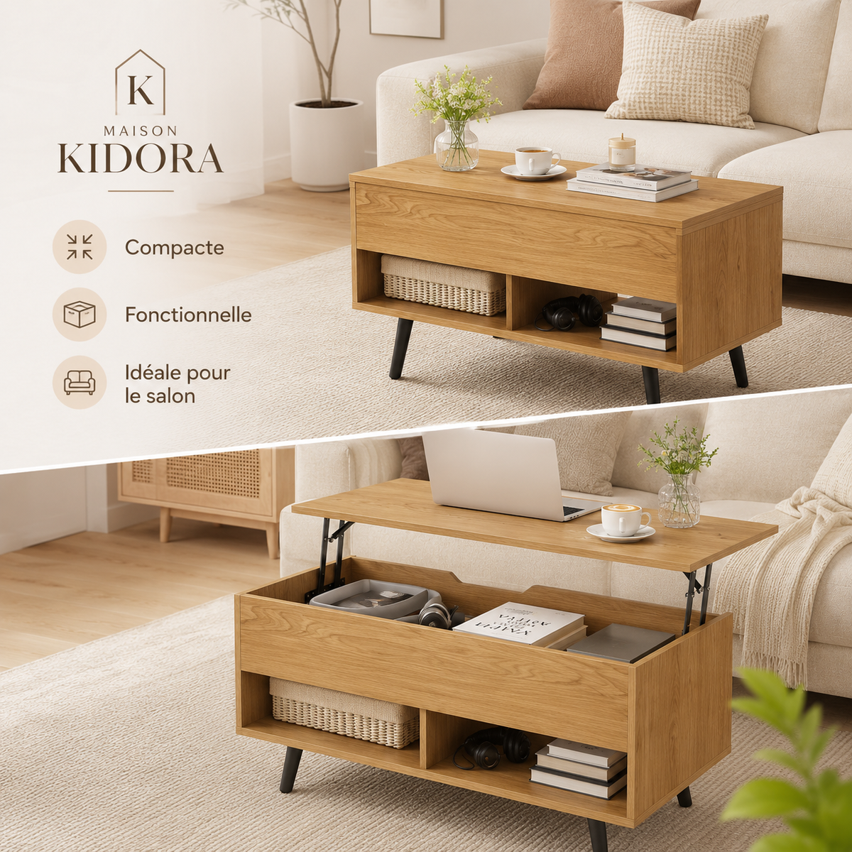 Table basse relevable avec rangement en bois – Collection Léa