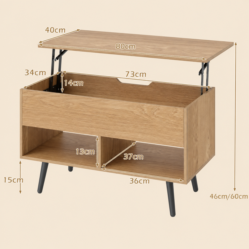 Table basse relevable avec rangement en bois – Collection Léa
