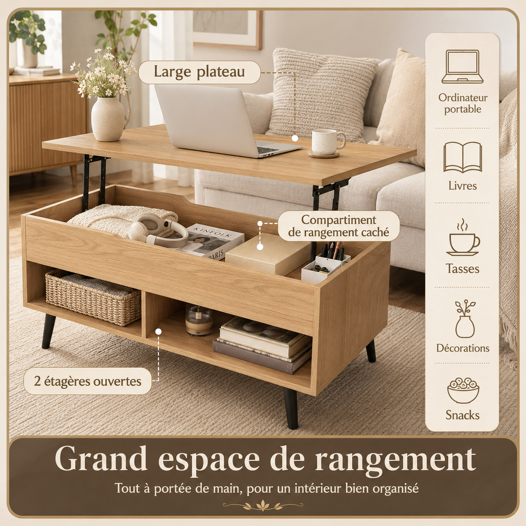 Table basse relevable avec rangement en bois – Collection Léa
