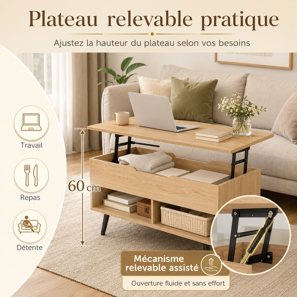 Table basse relevable avec rangement en bois – Collection Léa