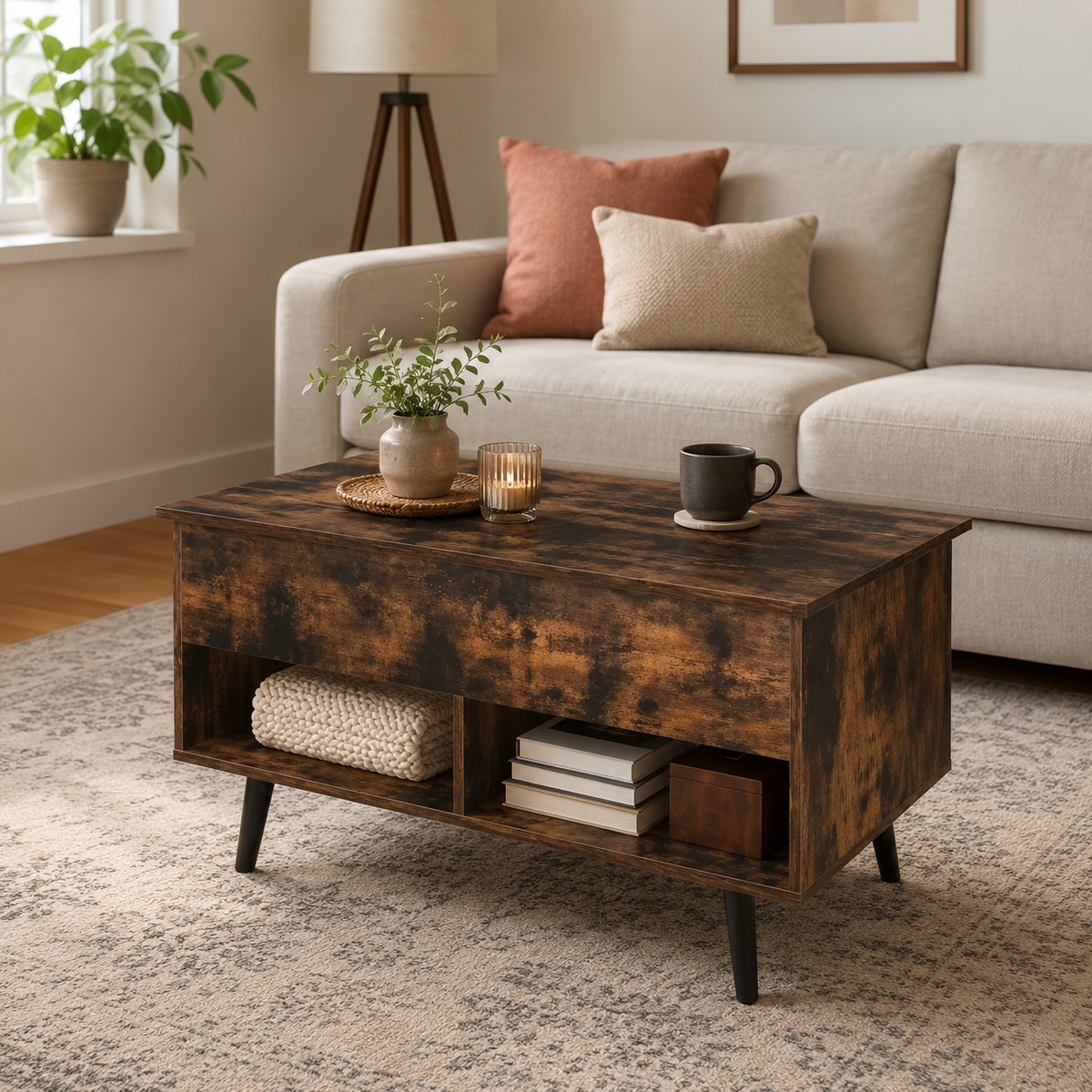 Table basse relevable avec rangement en bois – Collection Léa