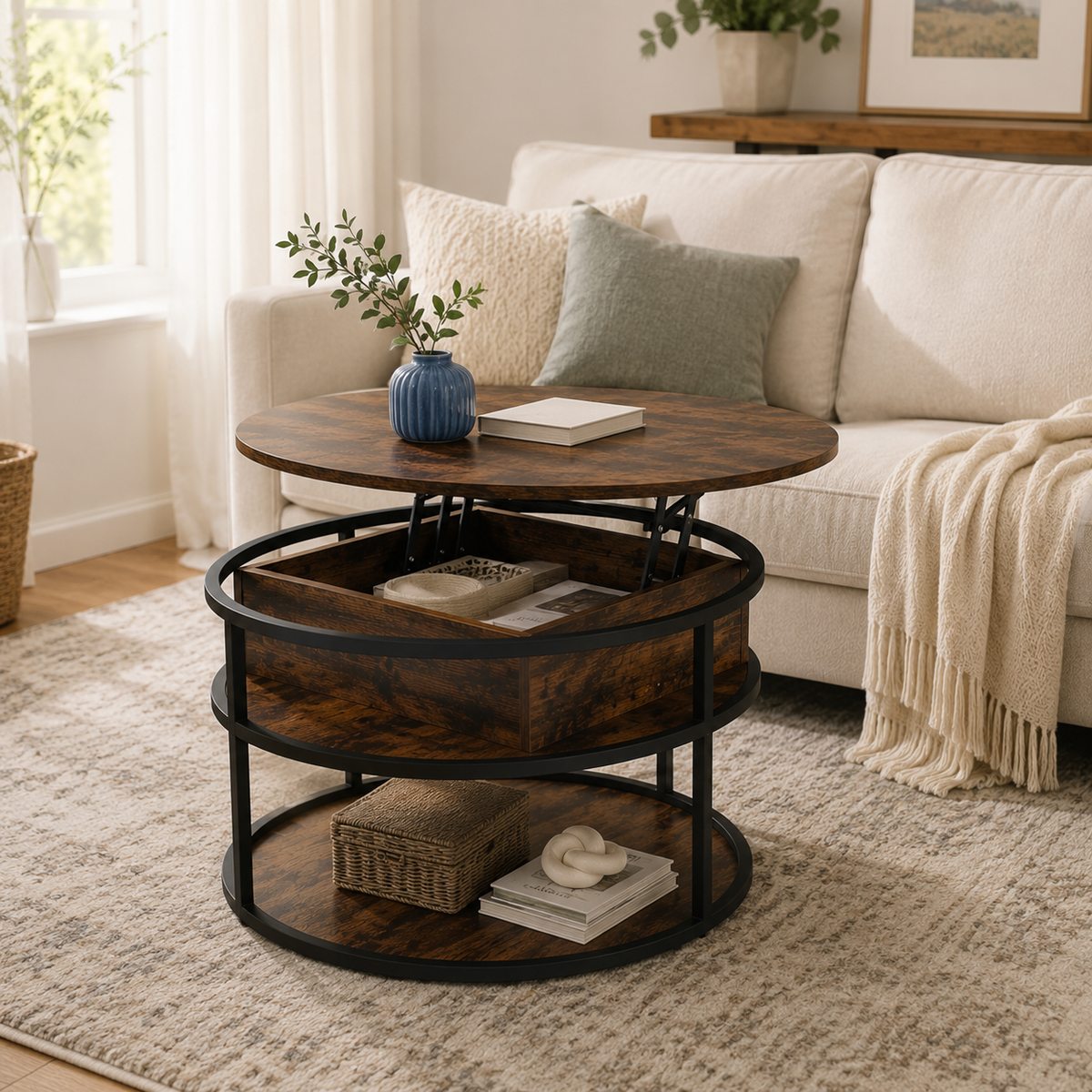 Table basse ronde relevable en bois et métal – Collection Léa
