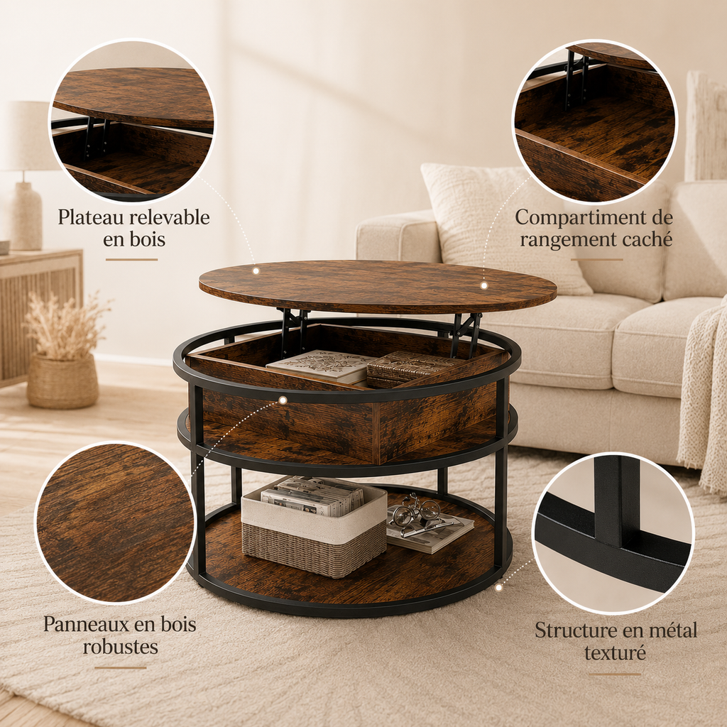 Table basse ronde relevable en bois et métal – Collection Léa