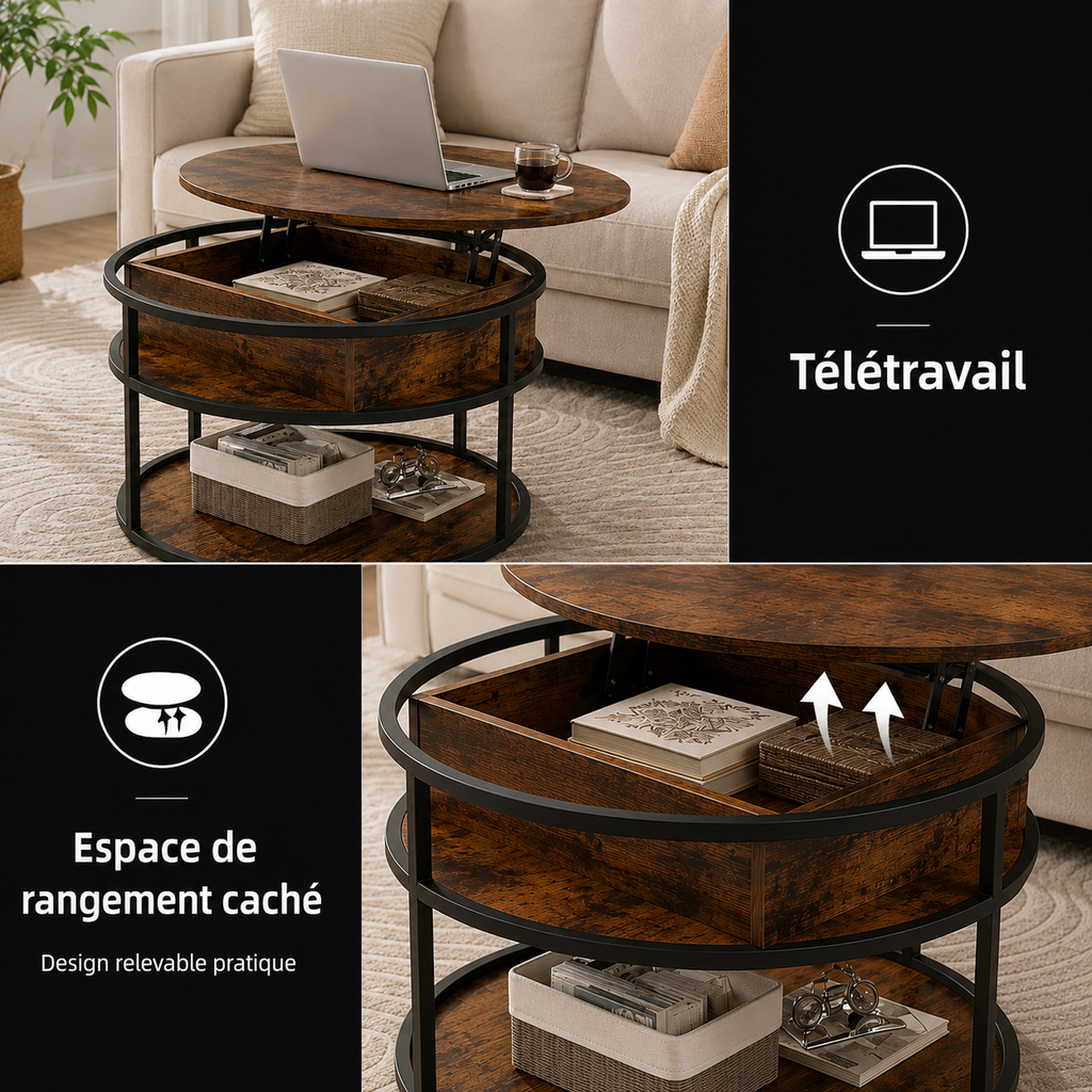 Table basse ronde relevable en bois et métal – Collection Léa