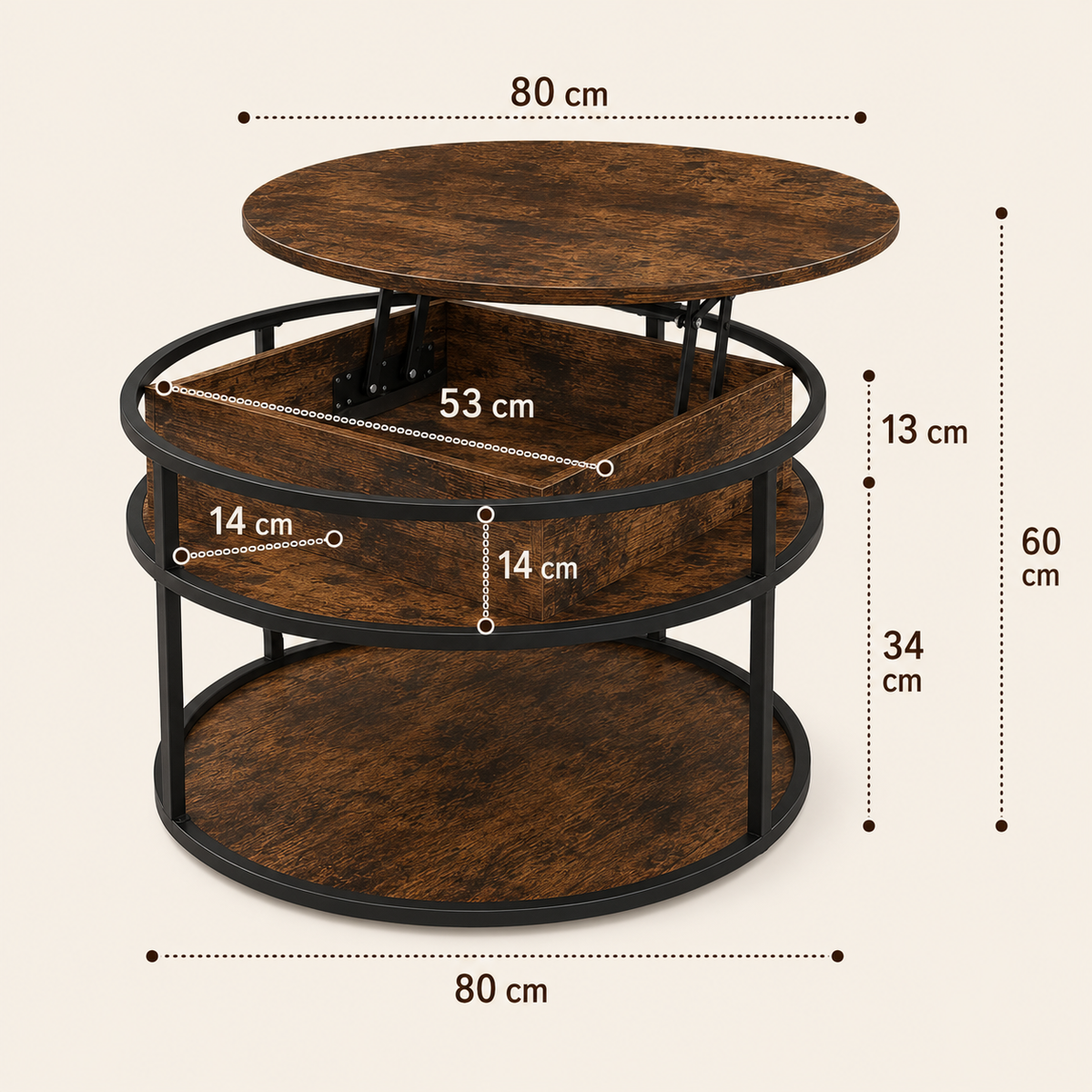Table basse ronde relevable en bois et métal – Collection Léa