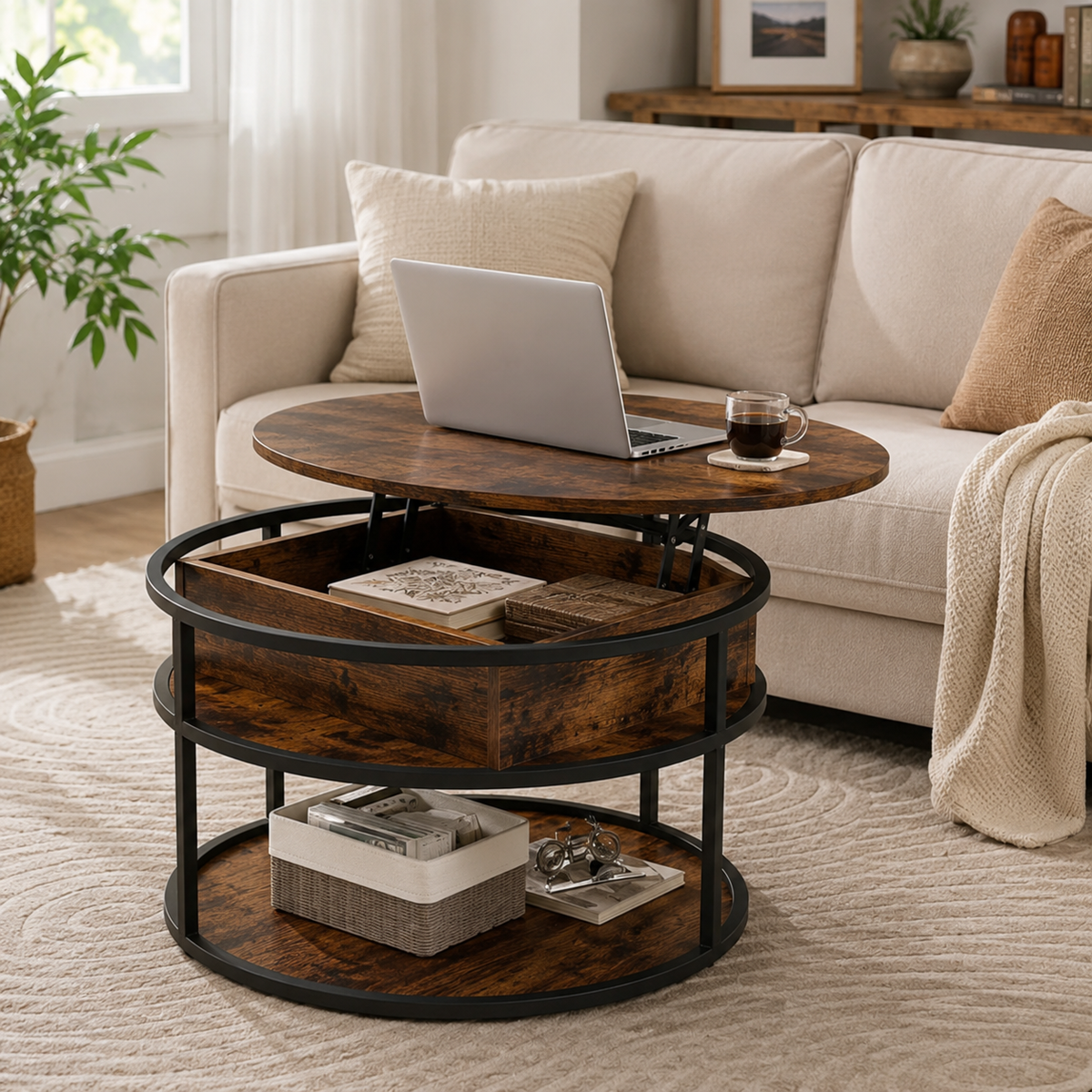 Table basse ronde relevable en bois et métal – Collection Léa