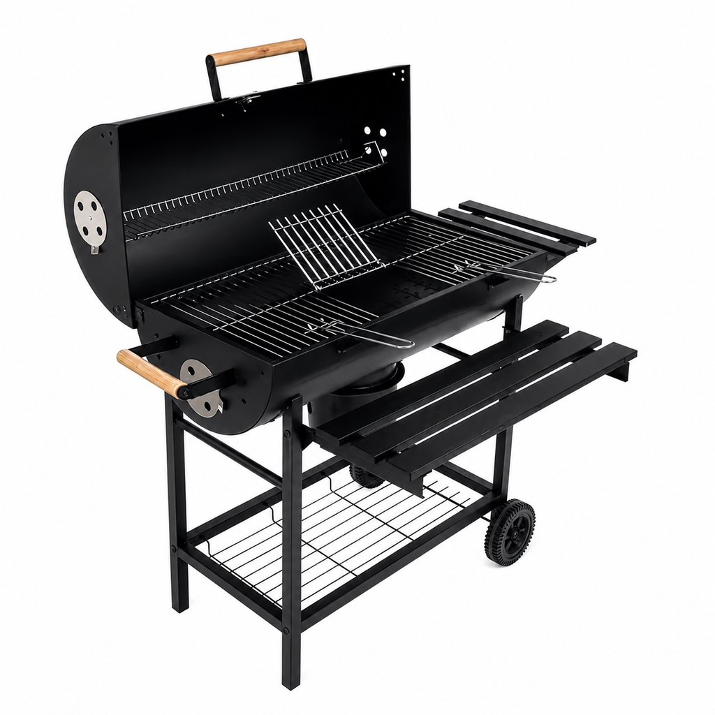 Pack Barbecue Charbon "Grill & Chill" – Modèle Tonneau avec Chariot & Accessoires inclus