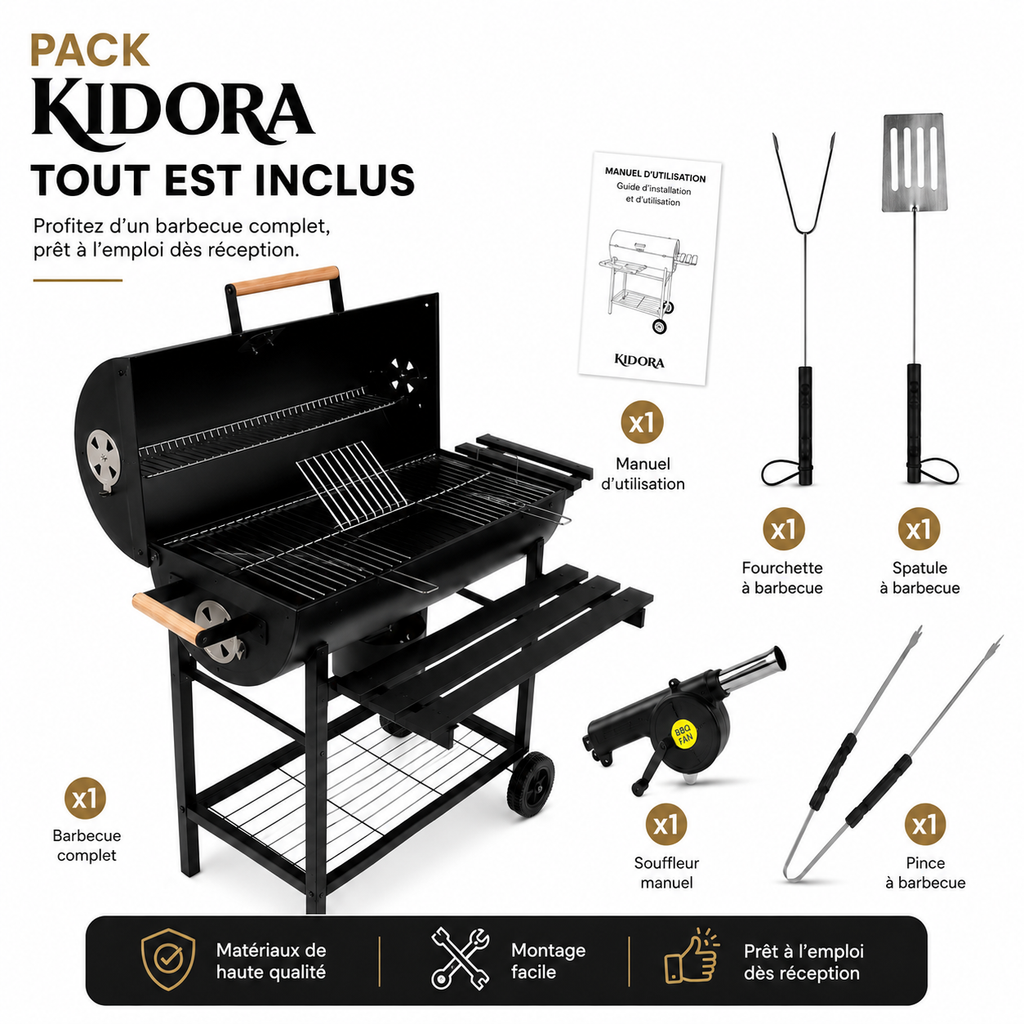 Pack Barbecue Charbon "Grill & Chill" – Modèle Tonneau avec Chariot & Accessoires inclus