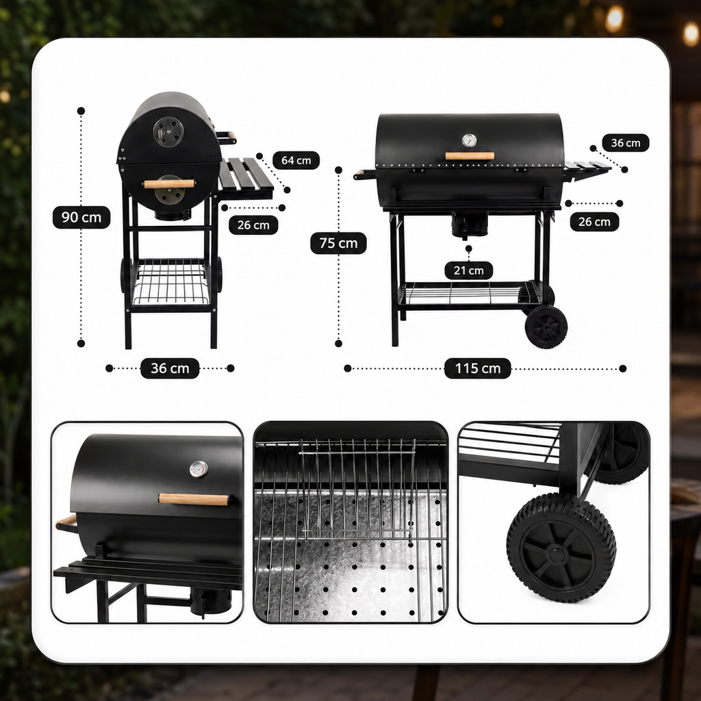 Pack Barbecue Charbon "Grill & Chill" – Modèle Tonneau avec Chariot & Accessoires inclus