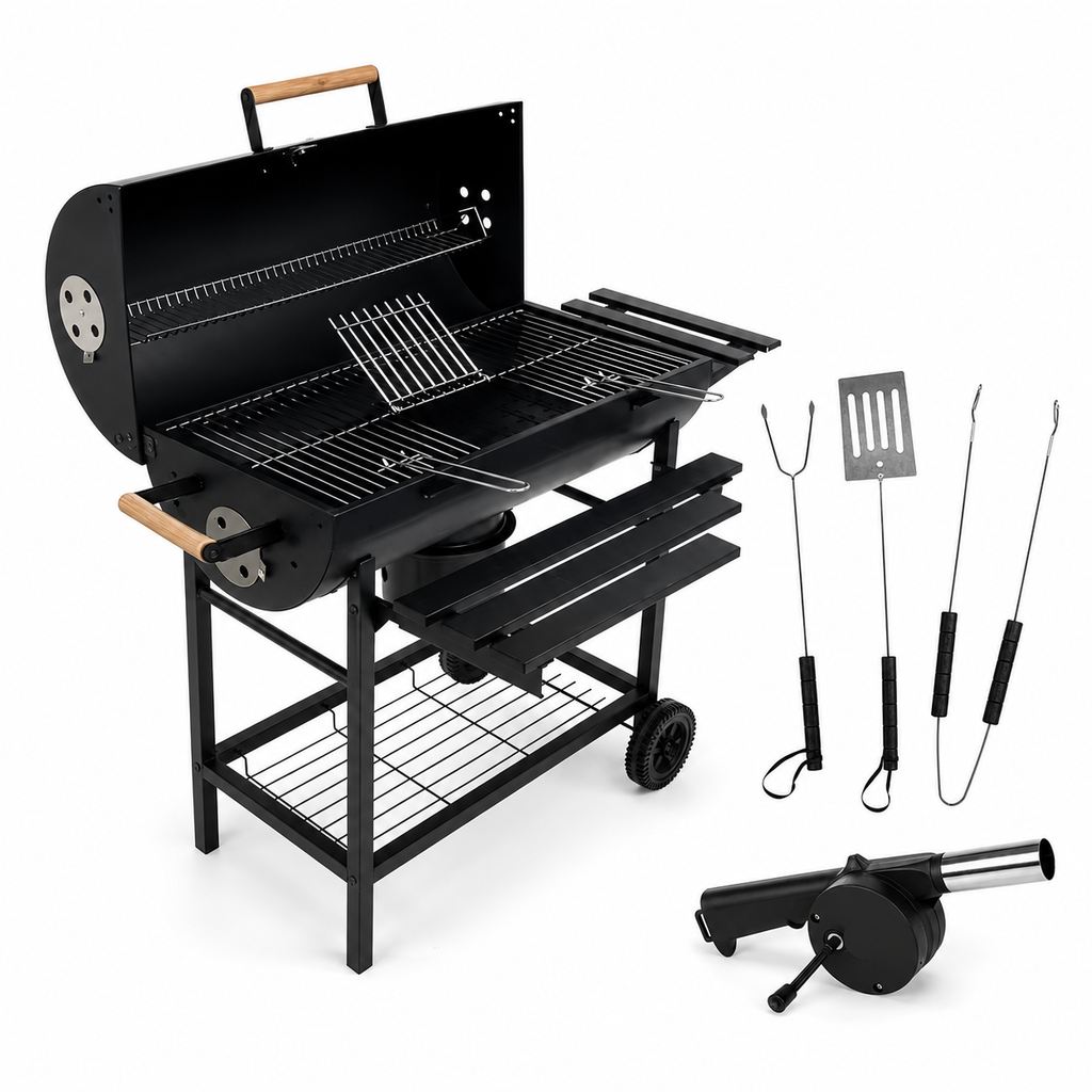 Pack Barbecue Charbon "Grill & Chill" – Modèle Tonneau avec Chariot & Accessoires inclus