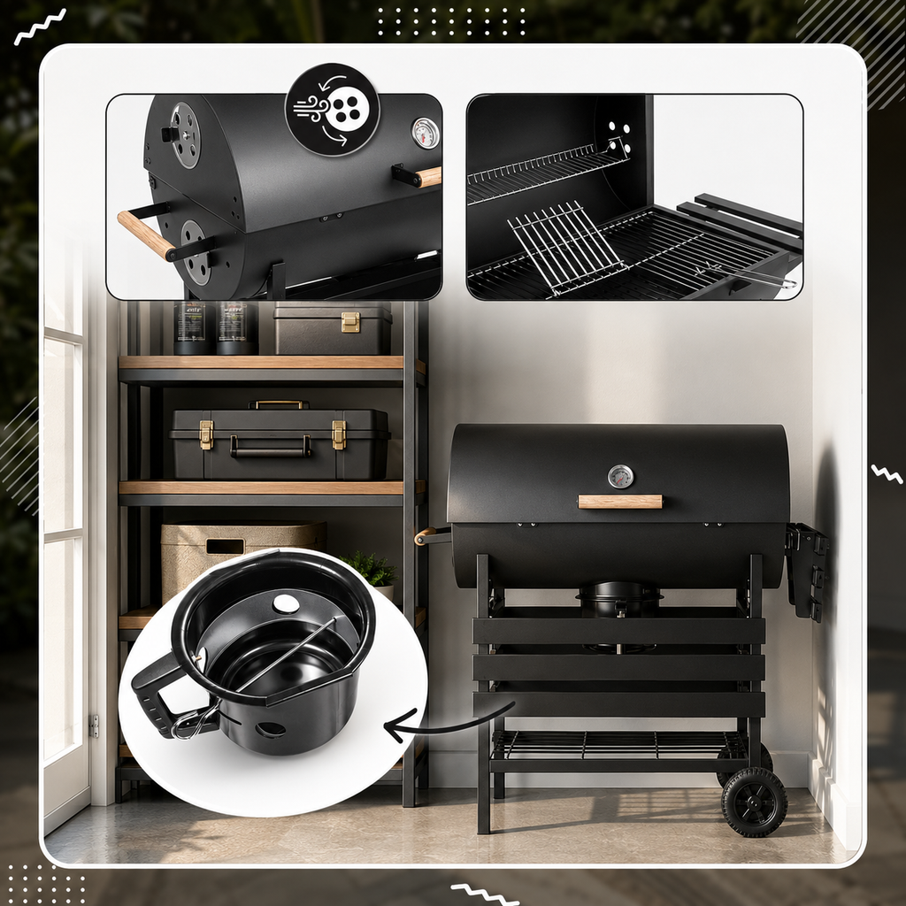 Pack Barbecue Charbon "Grill & Chill" – Modèle Tonneau avec Chariot & Accessoires inclus