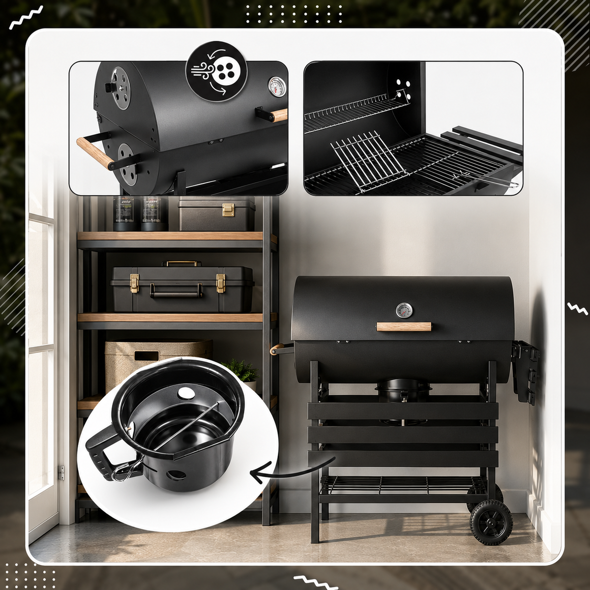 Pack Barbecue Charbon "Grill & Chill" – Modèle Tonneau avec Chariot & Accessoires inclus