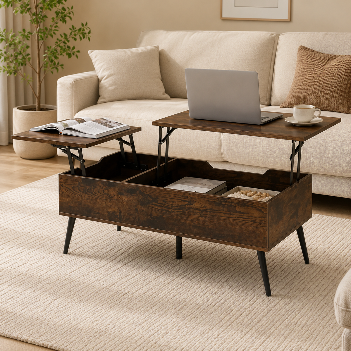 Table basse relevable double plateau avec rangement – Collection Léa