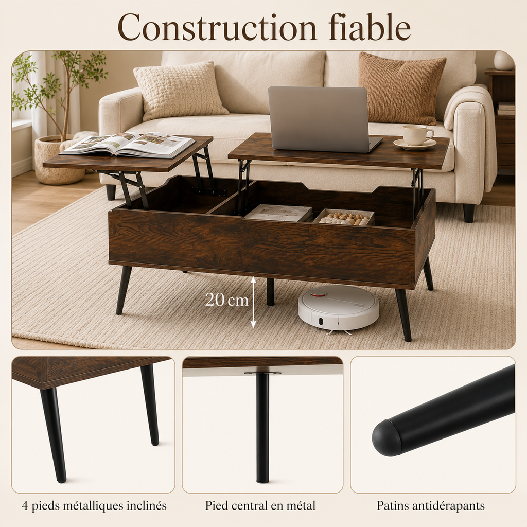 Table basse relevable double plateau avec rangement – Collection Léa