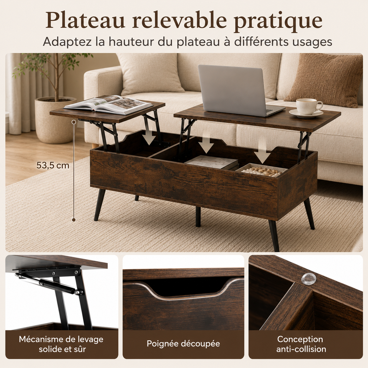 Table basse relevable double plateau avec rangement – Collection Léa