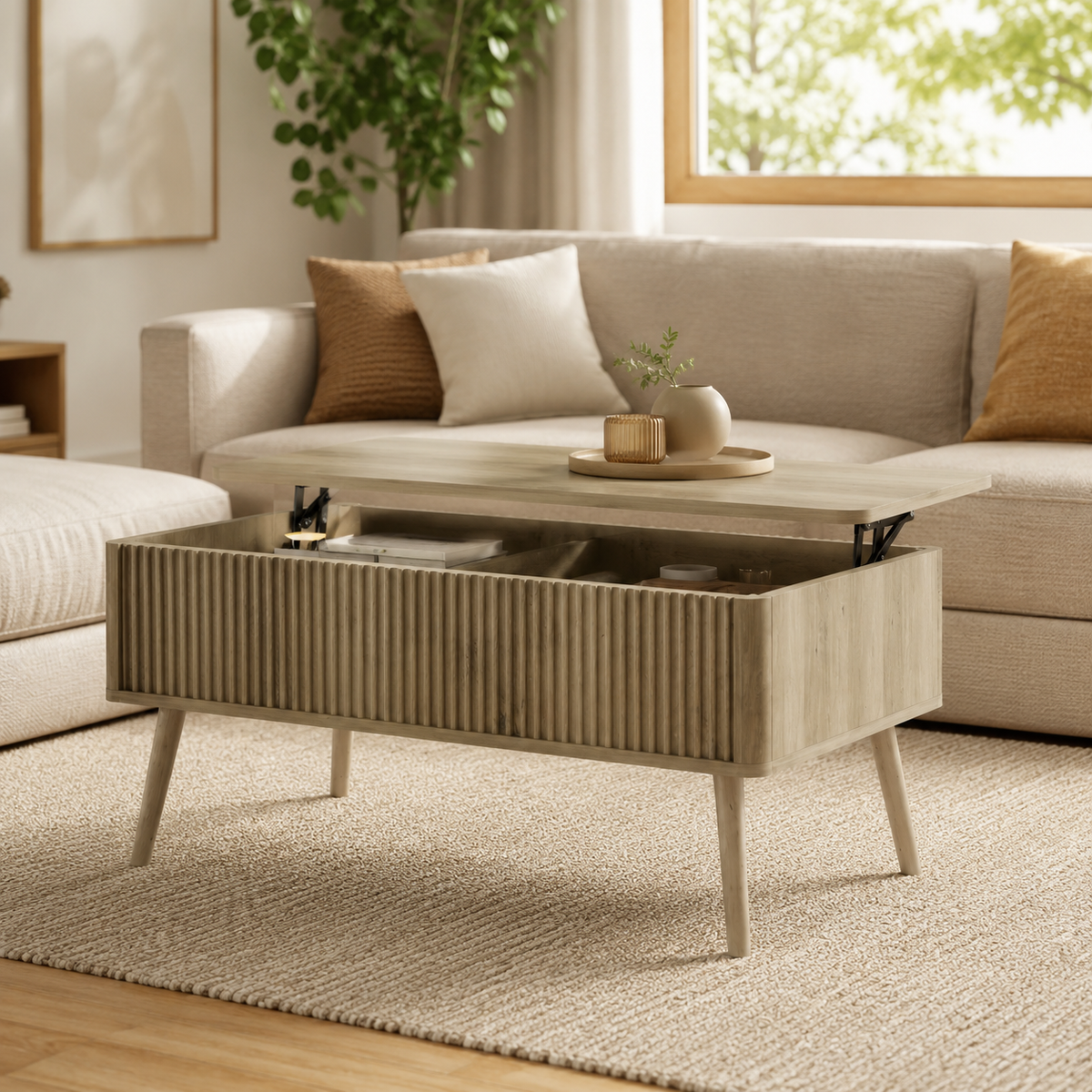 Table basse relevable effet chêne avec rangement cannelé – Collection Léa