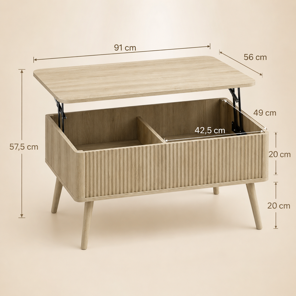 Table basse relevable effet chêne avec rangement cannelé – Collection Léa