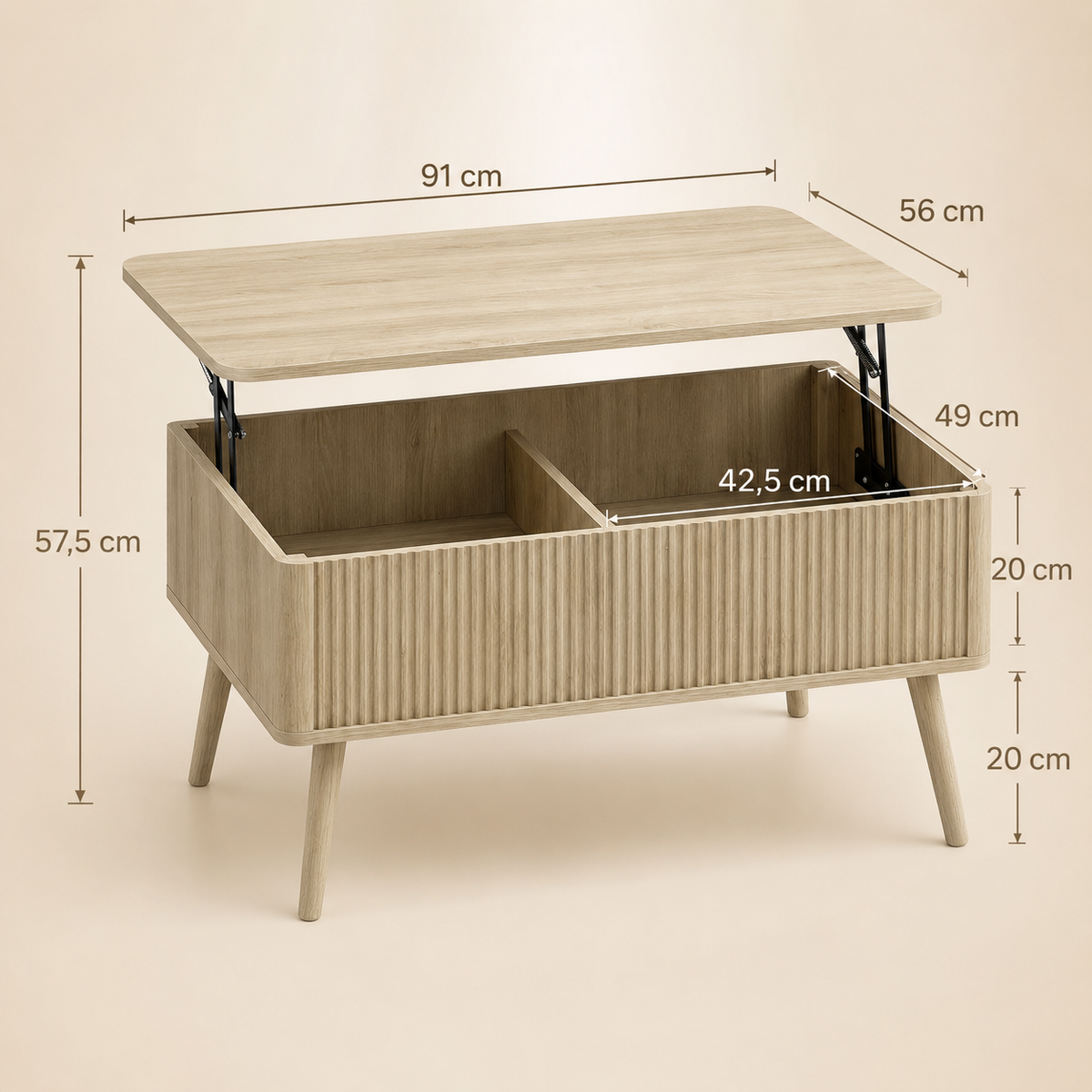 Table basse relevable effet chêne avec rangement cannelé – Collection Léa
