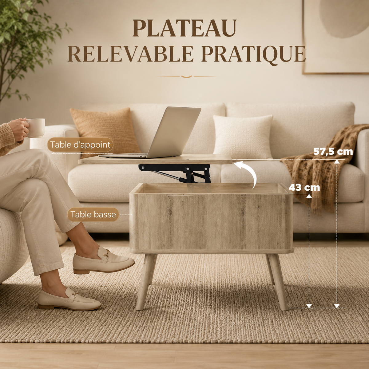 Table basse relevable effet chêne avec rangement cannelé – Collection Léa