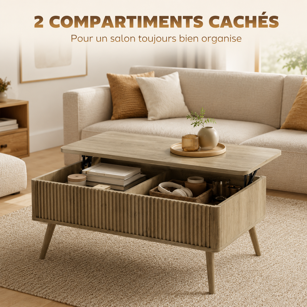Table basse relevable effet chêne avec rangement cannelé – Collection Léa