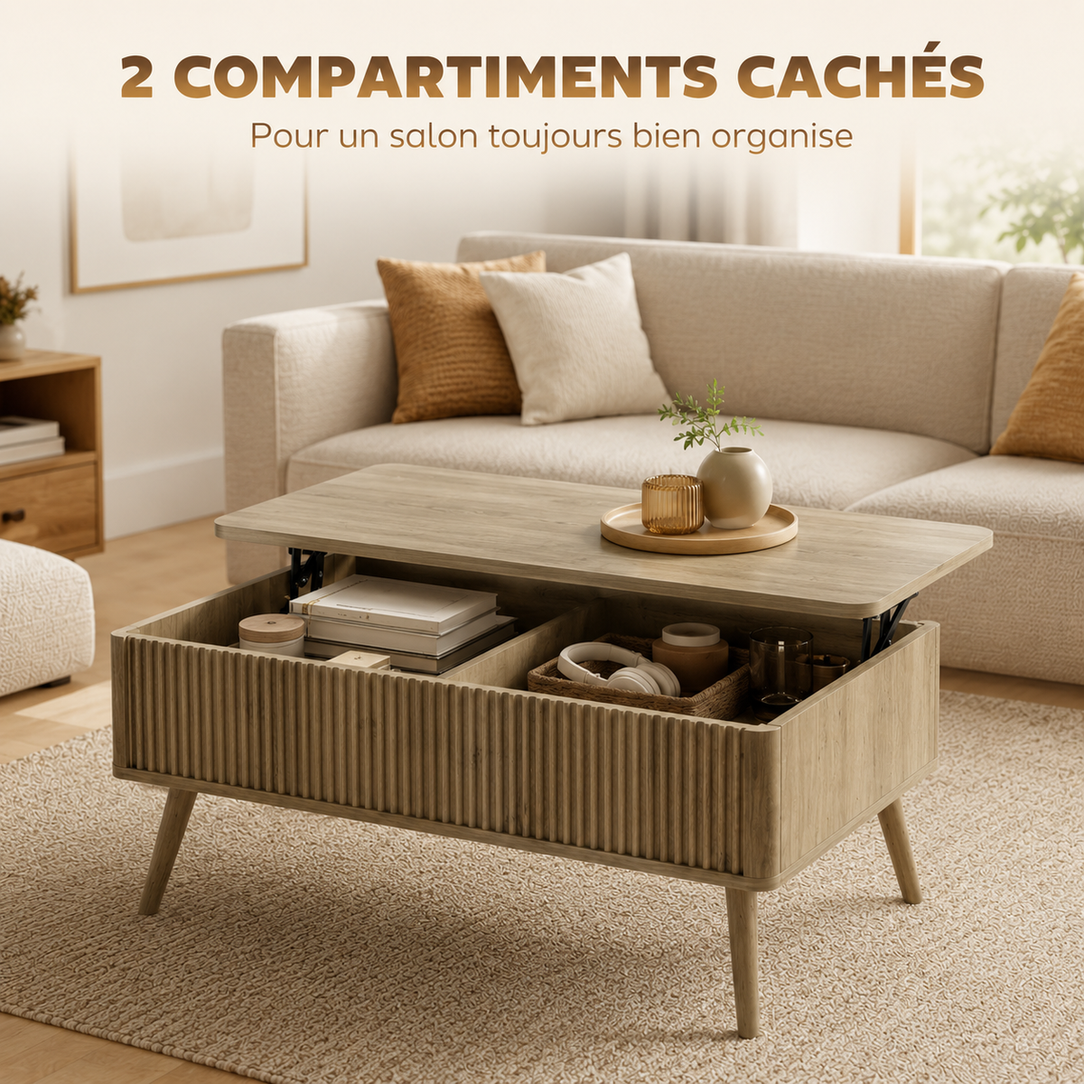 Table basse relevable effet chêne avec rangement cannelé – Collection Léa