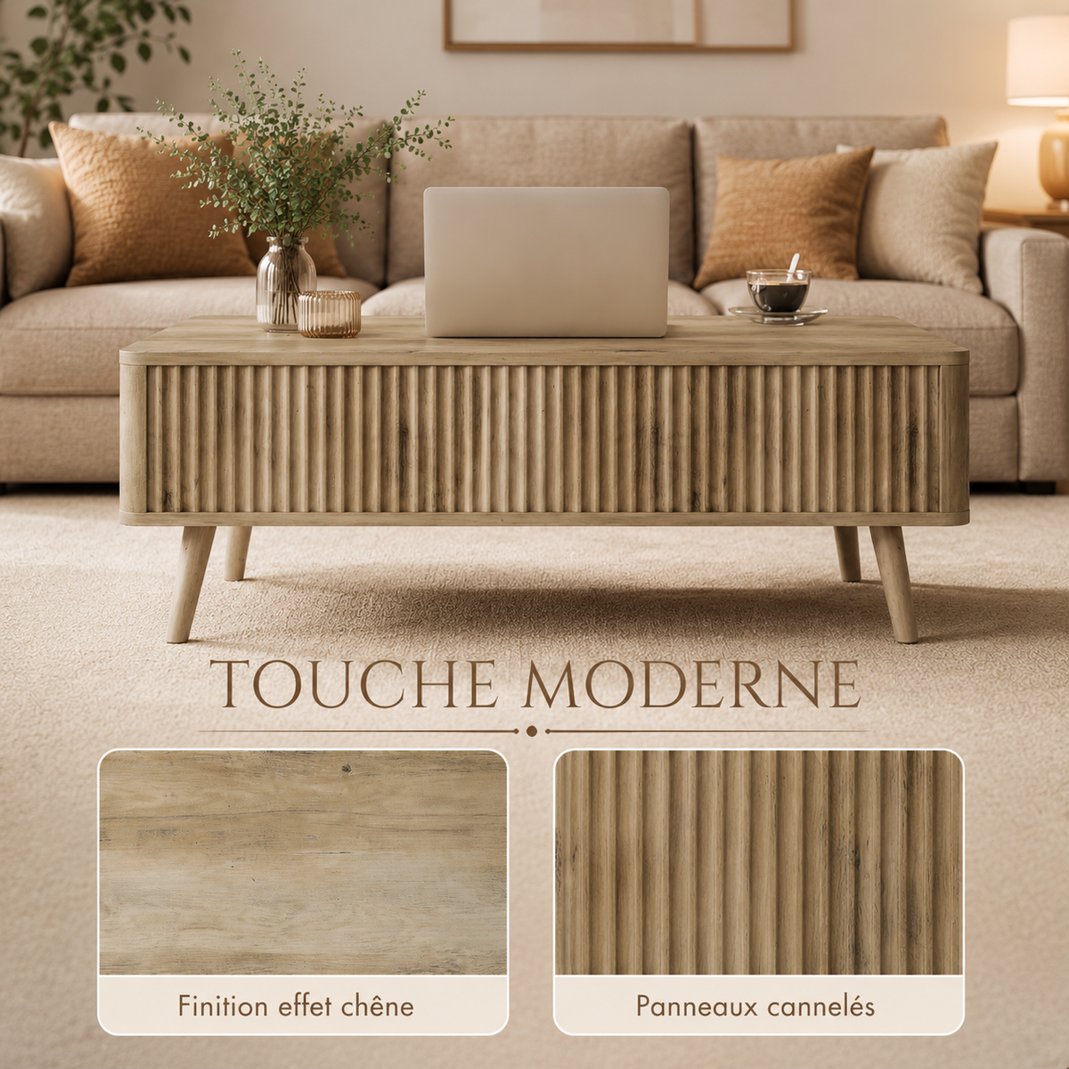 Table basse relevable effet chêne avec rangement cannelé – Collection Léa