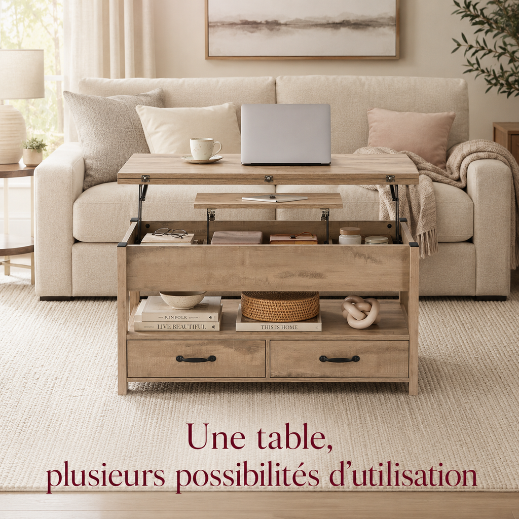 Table basse relevable multifonction avec rangements – Collection Léa