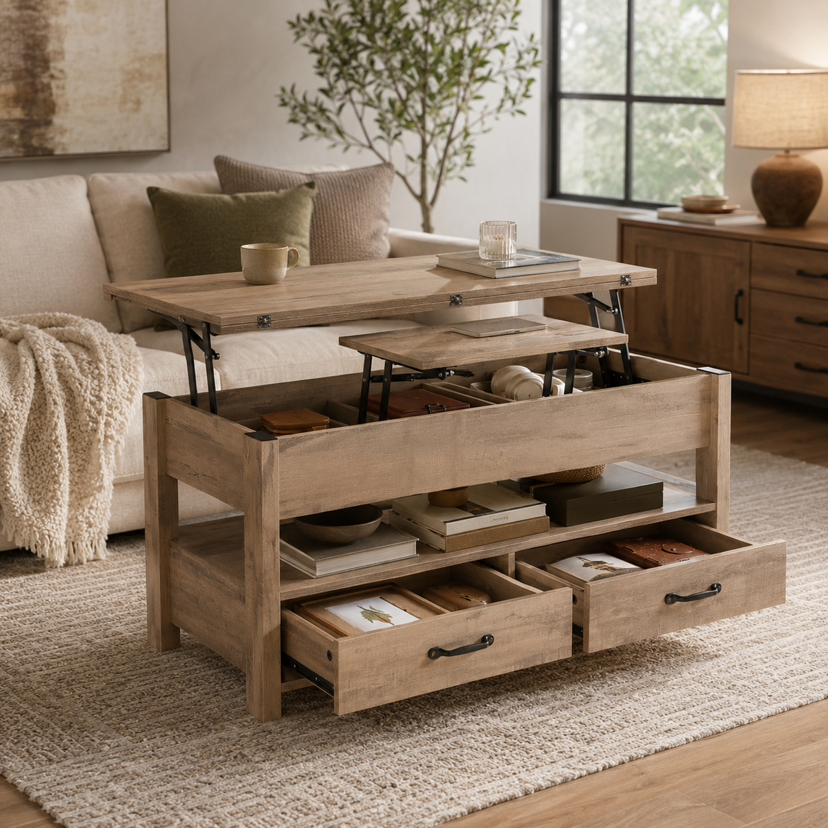 Table basse relevable multifonction avec rangements – Collection Léa