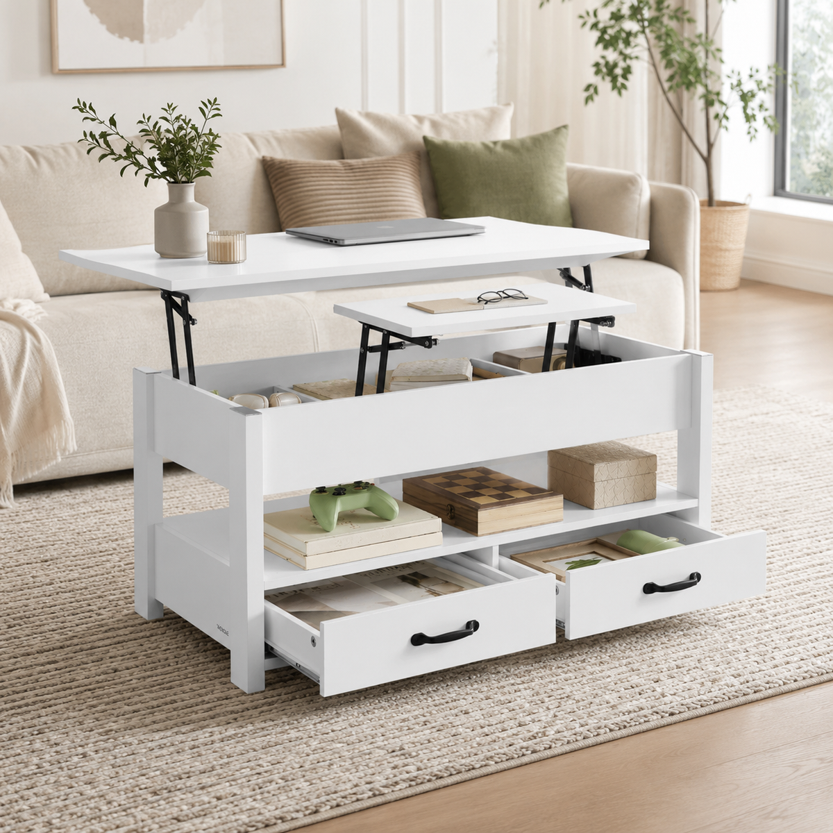 Table basse relevable multifonction avec rangements – Collection Léa