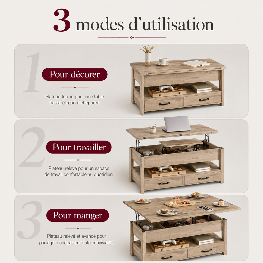 Table basse relevable multifonction avec rangements – Collection Léa