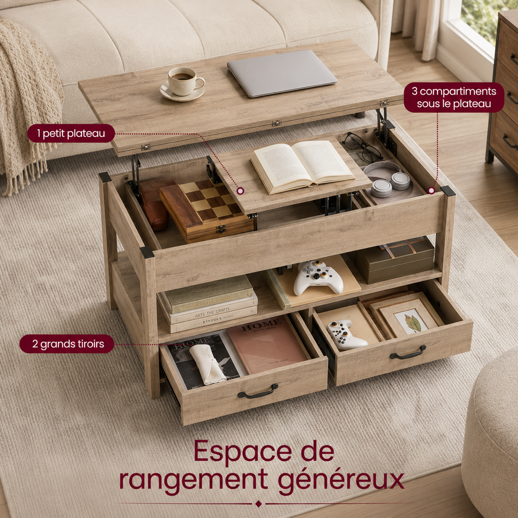 Table basse relevable multifonction avec rangements – Collection Léa