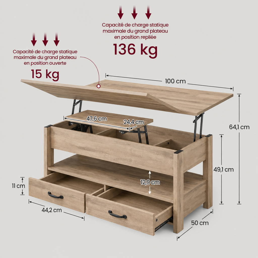 Table basse relevable multifonction avec rangements – Collection Léa