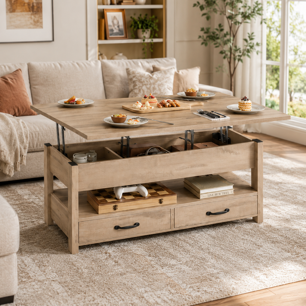 Table basse relevable multifonction avec rangements – Collection Léa