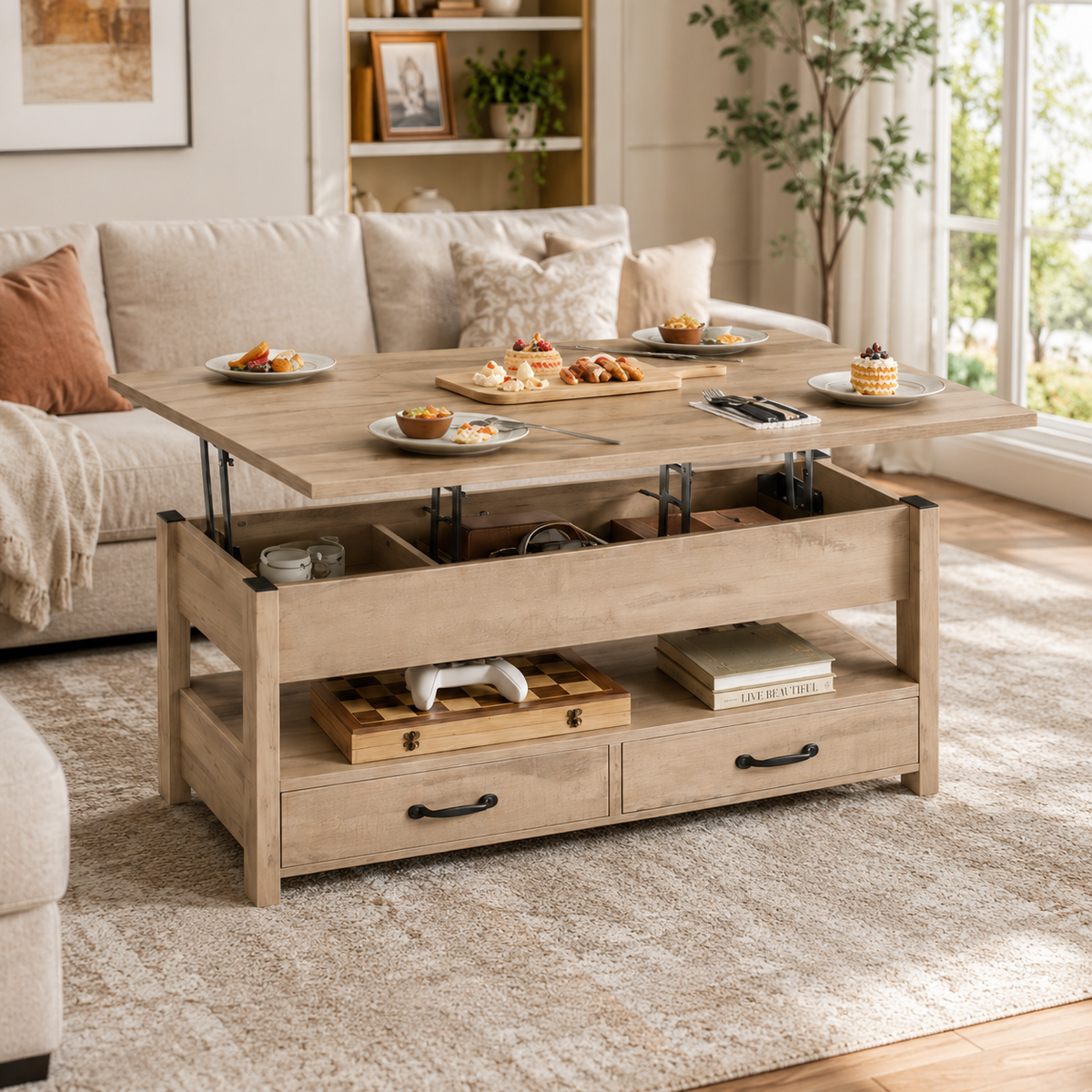 Table basse relevable multifonction avec rangements – Collection Léa