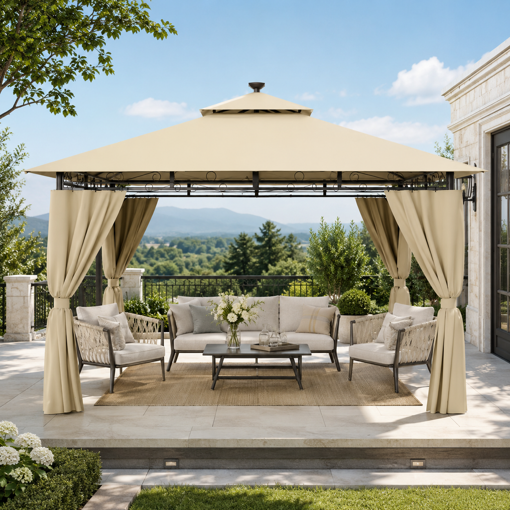 Pavillon de Jardin 3x3m Estiva — Imperméable, Structure Métallique, Rideaux Inclus