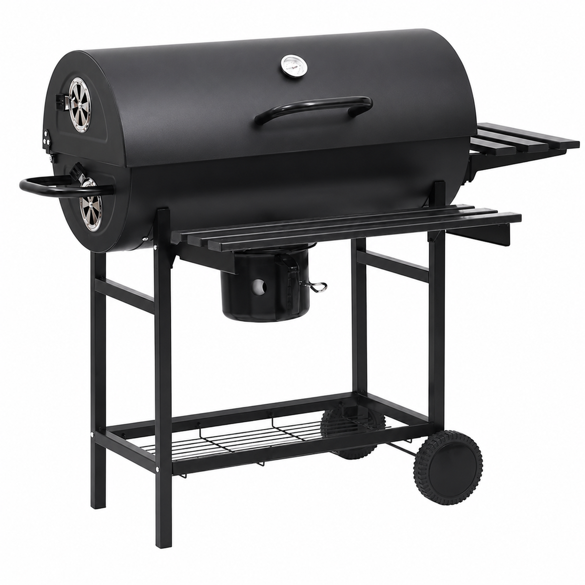 Barbecue à Charbon sur Roulettes — Grill Fumoir Acier Noir 115x85cm avec Étagères
