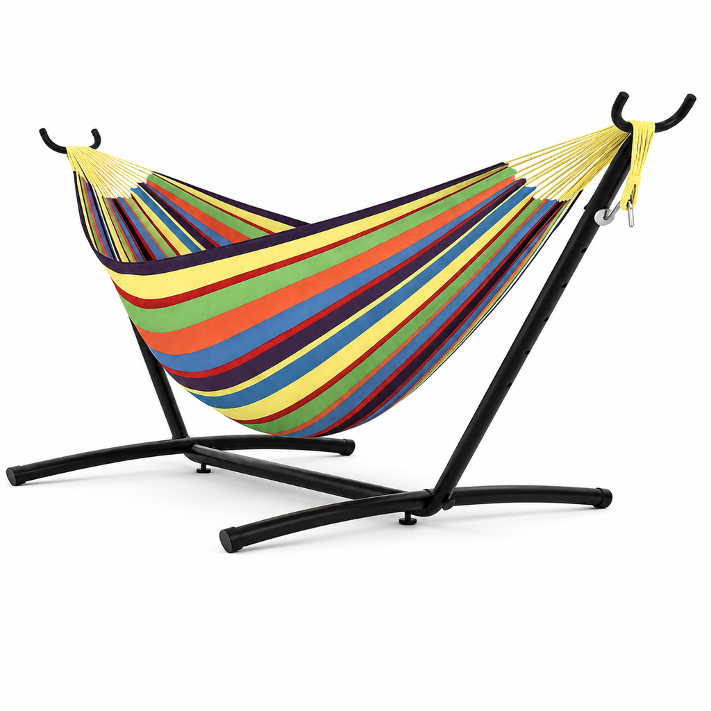 Hamac XXL Rayé avec Structure – 1 Personne, Capacité 200 kg, Intérieur & Extérieur