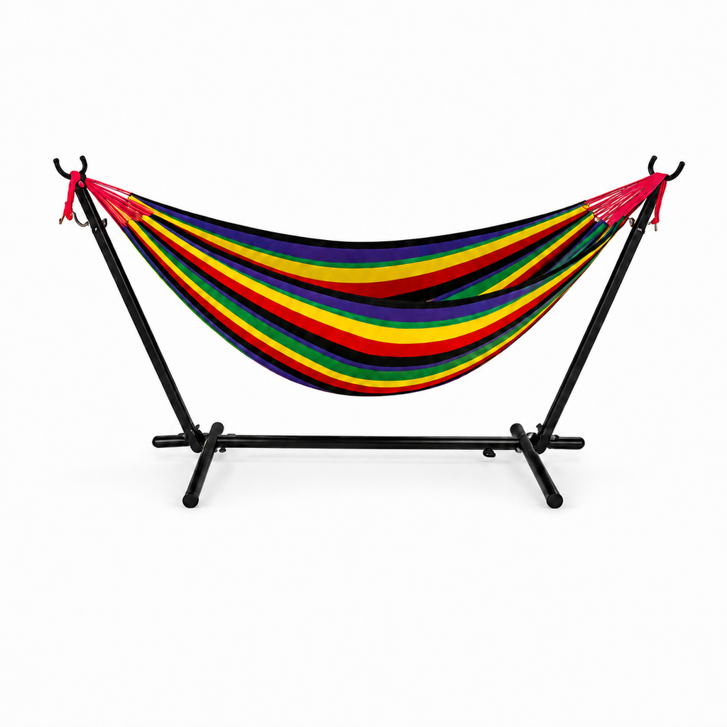 Hamac XXL Rayé avec Structure – 1 Personne, Capacité 200 kg, Intérieur & Extérieur